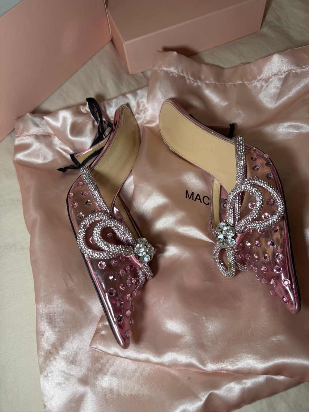 MACH & MACH Pink Crystal-Embellished Pointed Mules